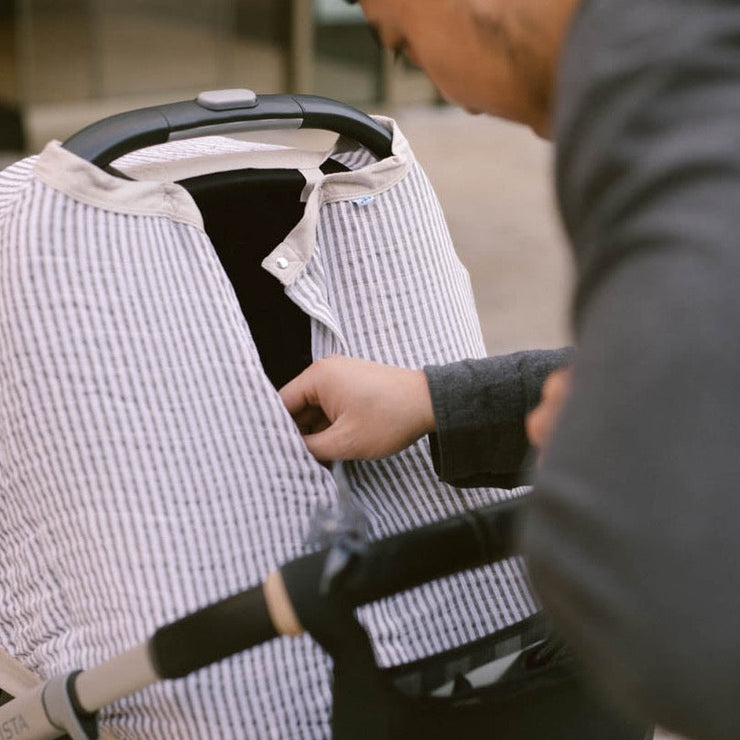 Cotton Muslin Car Seat Canopy - Grey Stripe