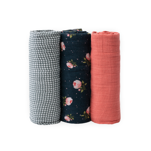 Cotton Muslin Swaddle Blanket 3 Pack - Midnight Rose