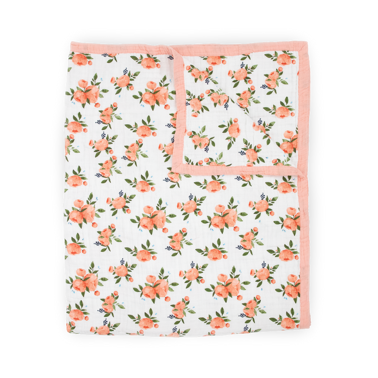Cotton Muslin Quilted Throw - Watercolor Roses