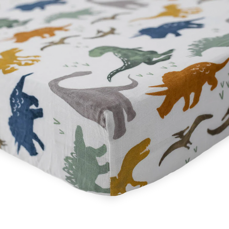 Cotton Muslin Crib Sheet - Dino Friends